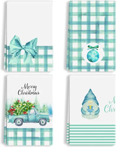 Kajaia 4 paños de cocina y paños de cocina de Navidad verde azulado con diseño de gnomo de camión de Navidad de búfalo azul, toallas de mano azul