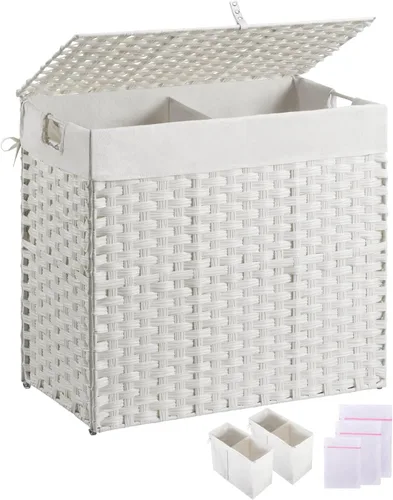 Miniatura 13 de Greenstell Cesta para la ropa sucia con 2 bolsas de forro extraíbles – Cesta de ropa dividida de 90 L, cesta de lavandería plegable de ratán Gris