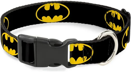 Buckle-Down Collar de clip de plástico – Batman Shield Negro/Amarillo – 1 pulgada de ancho – Se adapta a 9-15 pulgadas Cuello – Pequeño