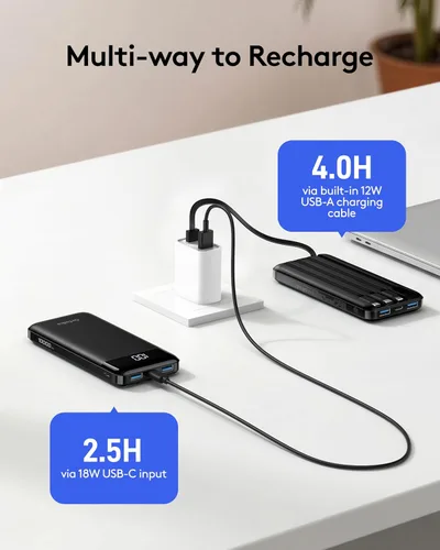 Miniatura 4 de Orfeika Cargador de teléfono portátil, Banco de energía portátil de 10000mAh con cables incorporados, paquete de batería esencial para viajes