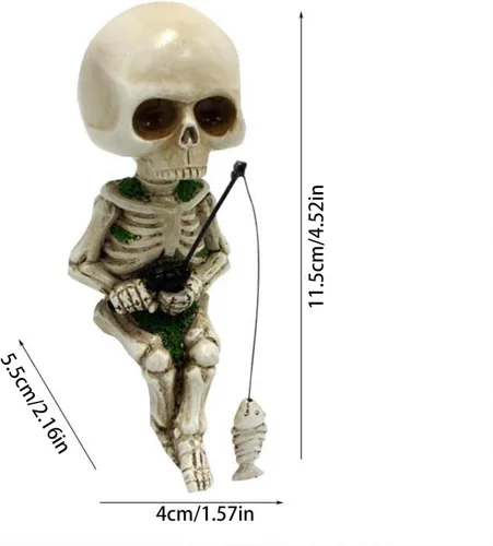 Miniatura 6 de 1 estatua de calavera de Halloween, figuras de esqueleto geniales, figuras de esqueleto con temática de pesca, decoración gótica, figura de calavera