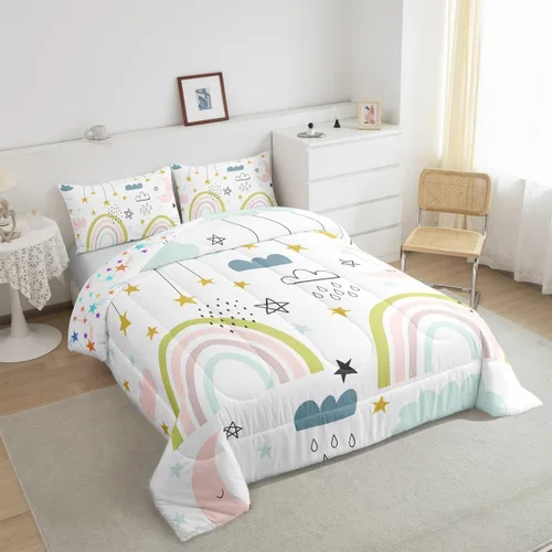 Miniatura 3 de Erosebridal Juego de ropa de cama con diseño de arco iris para niños, tamaño individual para niñas, lindo juego de edredón de dibujos animados