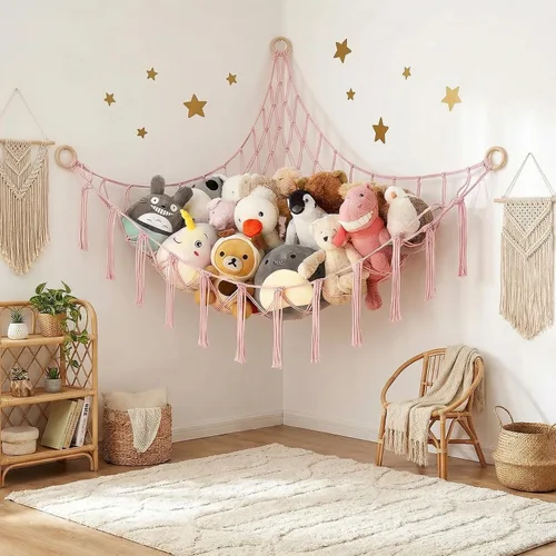Miniatura 9 de Hamaca de almacenamiento de animales de peluche colgante rosa, organizador de red grande para cosas de animales, lindos muebles, organización