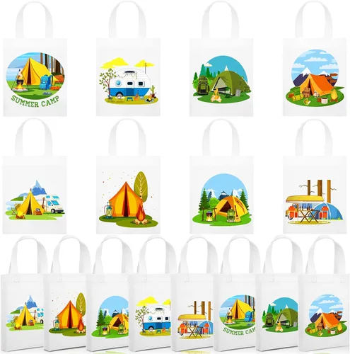 Kajaia Paquete de 24 bolsas de regalo reutilizables para fiestas de campamento con asa, bolsas de regalo temáticas de campamento, bolsas de tela,