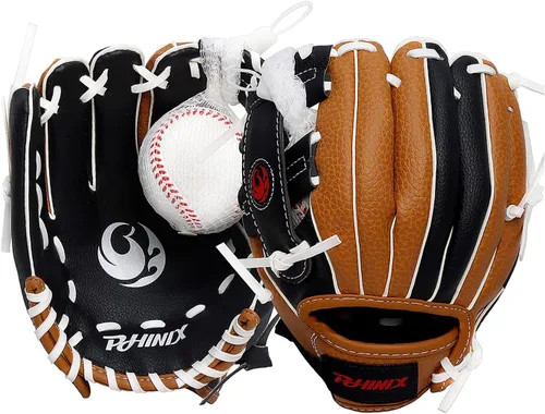 PHINIX Guante de Tee Ball con Béisbol de Espuma (Lanzamiento de Mano Izquierda-Negro/Marrón/Blanco, 9 Pulgadas)