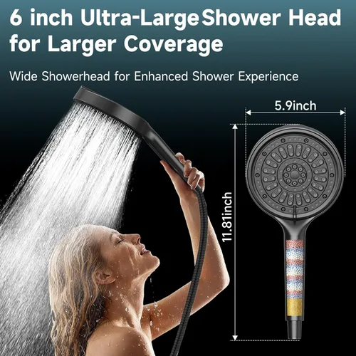 Miniatura 5 de Cabezal de ducha de mano con filtro JITTGO, cabezal de ducha de mano de 15 cm de alta presión con filtros para agua dura, cabezal de ducha Mate negro