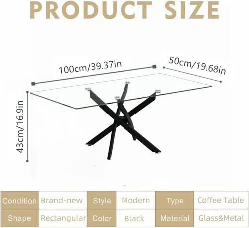 Miniatura 2 de Mesa de centro de vidrio templado con patas de metal, mesa rectangular moderna para sala de estar en casa, oficina, sala de estar