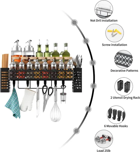 Miniatura 7 de Estante de especias colgante para montaje en pared, estante organizador de especias sobre estufa con soporte para utensilios para colgar