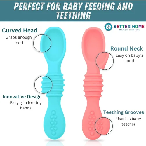 Miniatura 4 de Juego de cucharas de silicona prémium para bebés, cucharas para bebés y niños pequeños, utensilios de destete masticables para bebés de primera