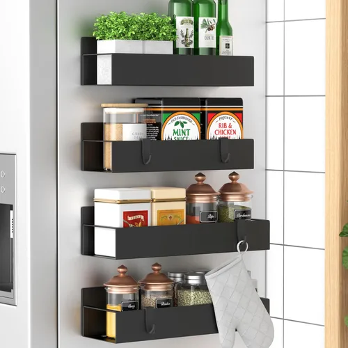 HuggieGems - Organizador magnético de almacenamiento de especias de metal para refrigerador y horno, paquete de 4, color negro