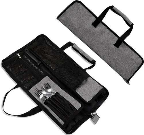 Bolsa de rollo para cuchillos de chef, bolsa de cuchillo de chef Oxford resistente, estuche portátil para cuchillos de chef de 13 ranuras, Gris