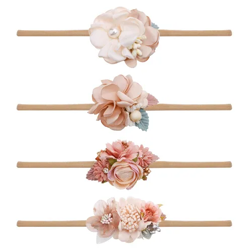 Miniatura 9 de cherrboll 3 diademas de flores para bebé, súper suaves y elásticas, de nailon, para recién nacidas Rosa (Rose Bloom)