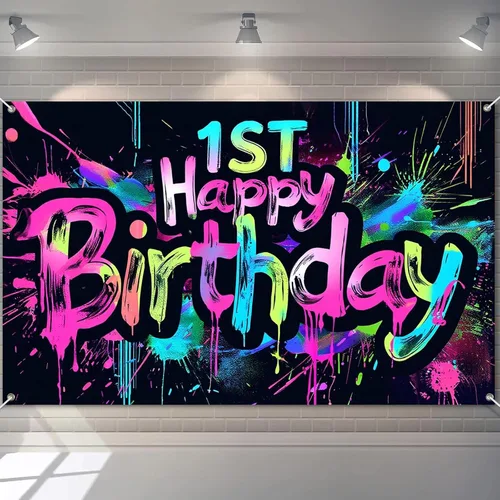 Miniatura 16 de HOMETITUTE Pancarta de Neón de Feliz 10mo Cumpleaños 71 x 43 pulgadas, Salpicadura de Pintura que Brilla en la Oscuridad, Telón de Fondo