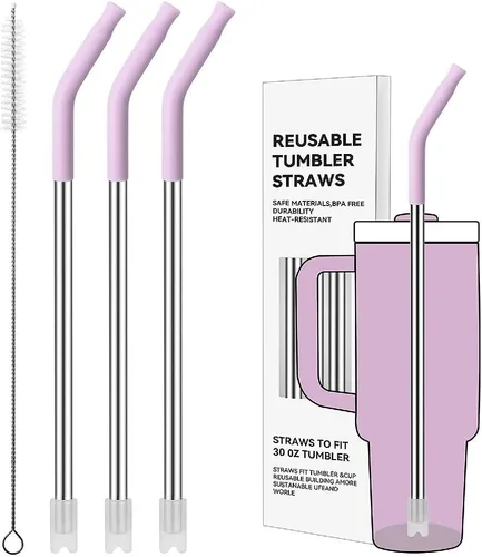Miniatura 49 de Pajitas de metal rectas para vaso Stanley de 40 onzas, paquete de 3 popotes reutilizables de acero inoxidable con puntas de silicona y cepillo Gris