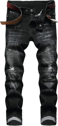 AITITIA - Jeans desgastados para hombre de corte recto con cremallera, estilo motociclista