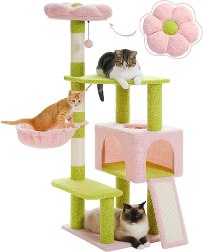 Miniatura 13 de MUTTROS Árbol para gatos con flores con postes rascadores de sisal, linda torre para gatos de 35" con hamaca verde grande para gatos pequeños