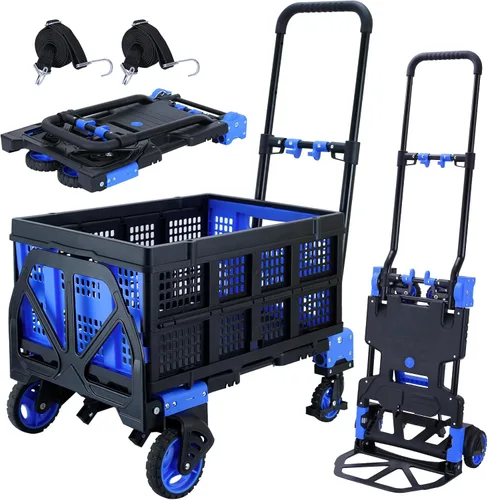 Carro de mano 2 en 1 plegable con cesta, carretilla de mano plegable con mango retráctil, carrito de mano plegable de capacidad de 330 libras, B-AZUL
