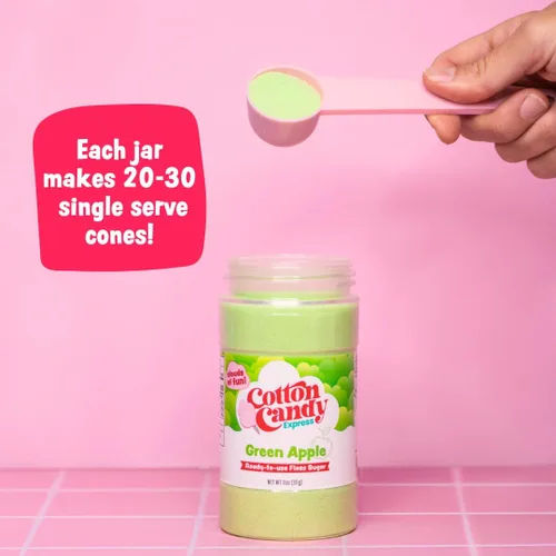 Miniatura 2 de Cotton Candy Express Floss Sugar Plus Conos con 3 frascos de plástico de 11 oz de chicle, manzana verde y azúcares para algodón de azúcar sabor piña