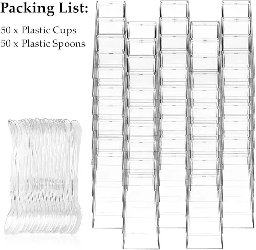 Miniatura 3 de TOFLEN Paquete de 50 unidades de tazas de postre mini cuadradas de 3 onzas con cucharas, tazas de postre transparentes de plástico para fiesta