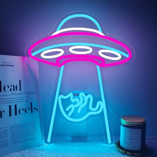 Miniatura 7 de Letrero de Neón de Gato OVNI, Gato OVNI Nave Espacial Viaje Espacial Luz de Neón LED Lámpara Nocturna Fanáticos de Astronomía Sala de Juegos Cueva