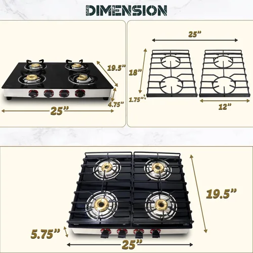Miniatura 2 de Estufa de gas de 4 quemadores – Estufa de encimera de vidrio templado negro de 25 pulgadas, estufa de gas inoxidable, 4 quemadores, estufa de rv