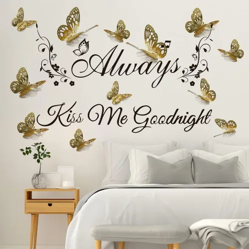 Runtoo Calcomanía de pared con texto en inglés "Always Kiss Me Goodnight" (Always Kiss Me Goodnight), calcomanías de pared con diseño de mariposa