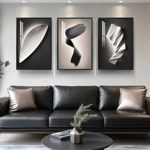 Miniatura 20 de Juego de arte moderno enmarcado de 3 piezas, arte abstracto de líneas geométricas en blanco y negro, pinturas artísticas de lujo contemporáneas