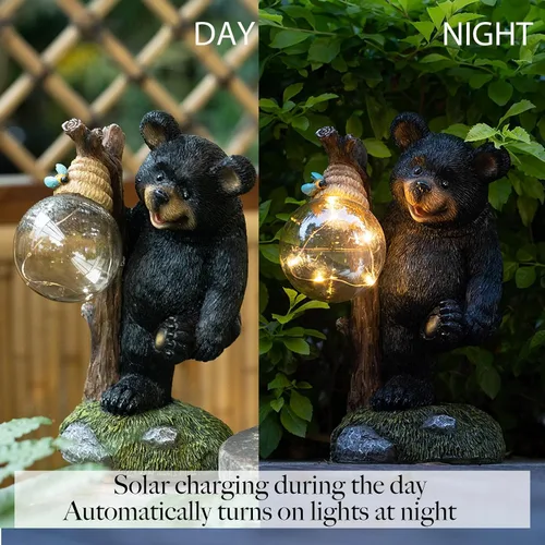 Miniatura 4 de Suyorpe Estatuas de jardín con luz decorativa de oso, estatua solar de oso exterior, decoración de jardín de animales, decoración divertida