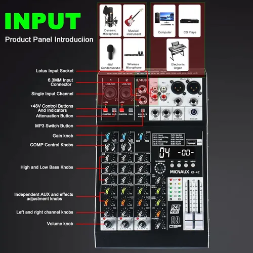 Miniatura 7 de Mezclador de audio de 4 canales, consola mezcladora de sonido profesional con 99 efectos DSP, mezclador de DJ pequeño con USB, Bluetooth, fuente