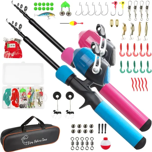 Kit de caña de pescar para niños, caña telescópica de 59 pulgadas y carrete para principiantes con carrete Spincast, caja de aparejos, bolsa de