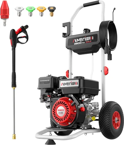 AMERISUN Lavadora a presión de gas de 3800 PSI 2.5 GPM con motor OHV de 4 tiempos de 212 cc, 5 boquillas de conexión rápida y ruedas de 10 pulgadas,