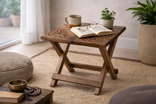 Miniatura 2 de Mesa altar pequeña para meditación, puja, prácticas wiccanas, budistas - Mesa lateral baja de madera, mesa de té japonesa, diseño de dragón plegable
