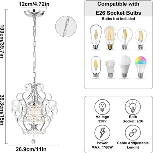 Miniatura 7 de Candelabro pequeño para dormitorio, candelabro cromado 90% preensamblado, mini candelabro de cristal acrílico, 1 lámpara colgante para dormitorio