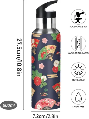 Miniatura 9 de Japanese Fans Vintage Stainless Steel Water Bottle 32 Oz Leakproof Water Bottles, BPA-Free Sport Water Bottle Insulated