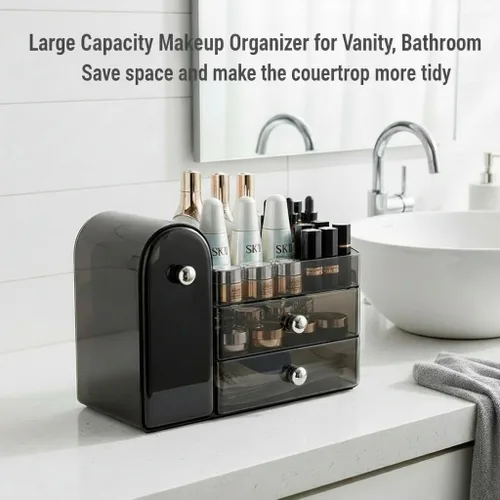 Miniatura 4 de Bird&Fish Organizador de maquillaje con soporte deslizante para cepillos, organizador transparente para el cuidado de la piel con cajones, Negro
