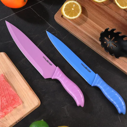 Miniatura 9 de HAUSHOF Juego de cuchillos de cocina, juego de 12 cuchillos coloridos con 6 fundas para cocina, cuchillas de acero inoxidable con revestimiento