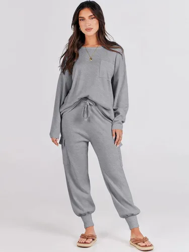Miniatura 5 de Caracilia Conjunto de dos piezas para mujer, suéter de punto de manga larga y pantalones deportivos tipo cargo