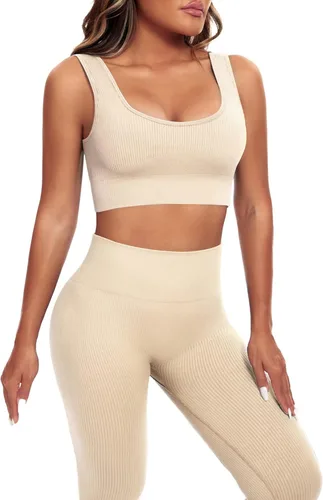 YUMSUN Conjunto de entrenamiento para mujer, 2 piezas, sin costuras, acanalado, camiseta sin mangas, deportes, gimnasio, cintura alta, correr, yoga,