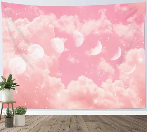 Miniatura 4 de LB Tapiz de fase lunar de nube rosa, nube pastel rosa y blanca con fase lunar para dormitorio, tapiz colgante de pared de paisaje natural, arte