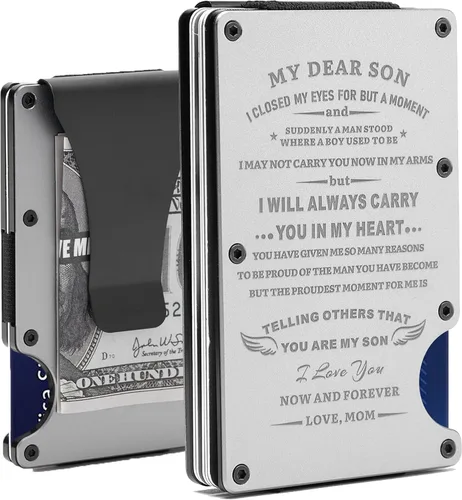 Miniatura 5 de Regalo personalizado para hombres Cartera de metal grabada personalizada para papá, hijo, marido, novio, tarjetero minimalista de aluminio