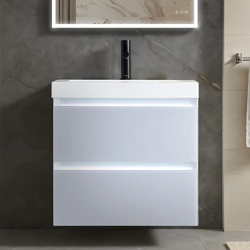 Miniatura 13 de Blossom Tocador de baño LED de 24 pulgadas – Tocador flotante montado en la pared con luces – 100% impermeable PVC de grado marino – Moderno