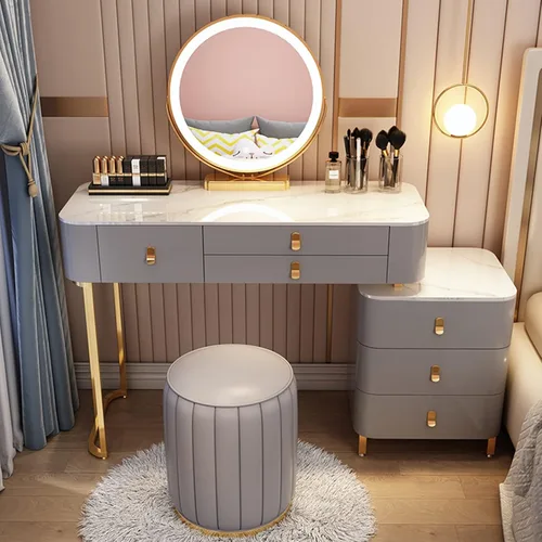 Miniatura 11 de Tocador, tocador de maquillaje con taburete acolchado, tocador con espejo iluminado LED y mesa auxiliar, mesa de maquillaje con 3 cajones
