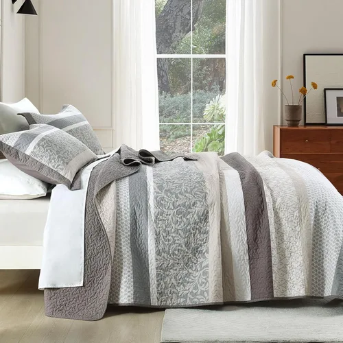 Miniatura 3 de KALOOLA Colchas de granja tamaño Queen – Juego de ropa de cama acolchado ligero 100% algodón, 3 piezas, colcha botánica a rayas estampada con 2