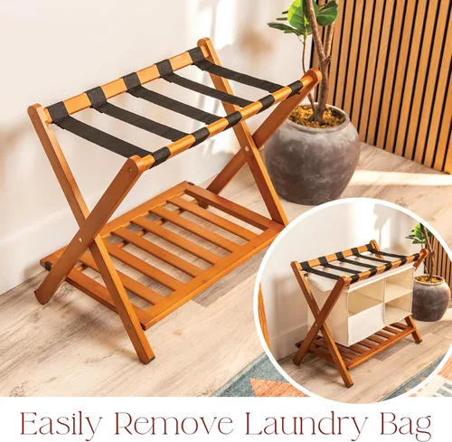 Miniatura 7 de Estante plegable de bambú de nogal totalmente ensamblado para habitación de invitados, soporte plegable de maleta de 26.75 pulgadas con bolsa