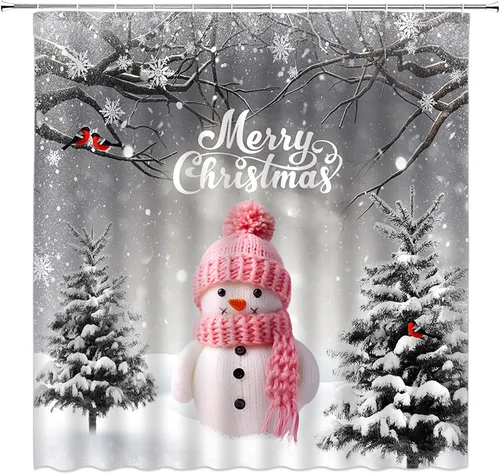Cortina de ducha de Navidad, muñeco de nieve rosa, rama de árbol, copo de nieve, vacaciones de invierno, paisajes naturales, cortina rústica gris