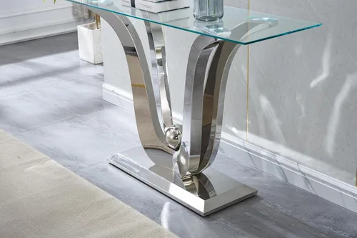 Miniatura 52 de Mesa de centro de cristal de lujo, mesa de centro de sofá de 47 pulgadas con marco de acero inoxidable dorado y parte superior de vidrio negro, mesa