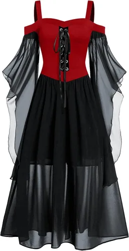 Miniatura 10 de Vestido gótico renacentista para mujer, disfraz de Halloween, hombros descubiertos, encaje y manga de trompeta, vestido medieval steampunk