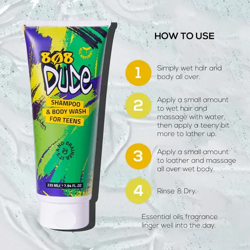 Miniatura 9 de 808 Dude Champú y gel de baño para adolescentes, niños y hombres Ingredientes puros naturales y orgánicos Elimina el olor corporal y los brotes