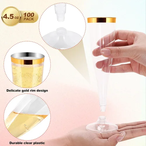 Miniatura 3 de Paquete de 100 copas de champán de plástico desechables, copas de champán de plástico con borde dorado, flauta de champán desechable transparente
