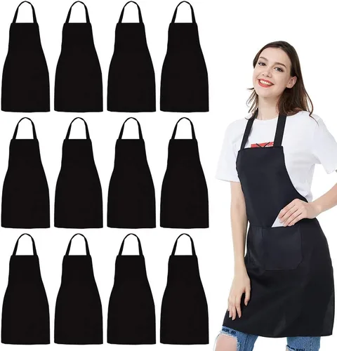 NOBONDO Paquete de 12 delantales con peto, delantal unisex negro a granel con 2 bolsillos espaciosos, lavable a máquina para cocina, manualidades,